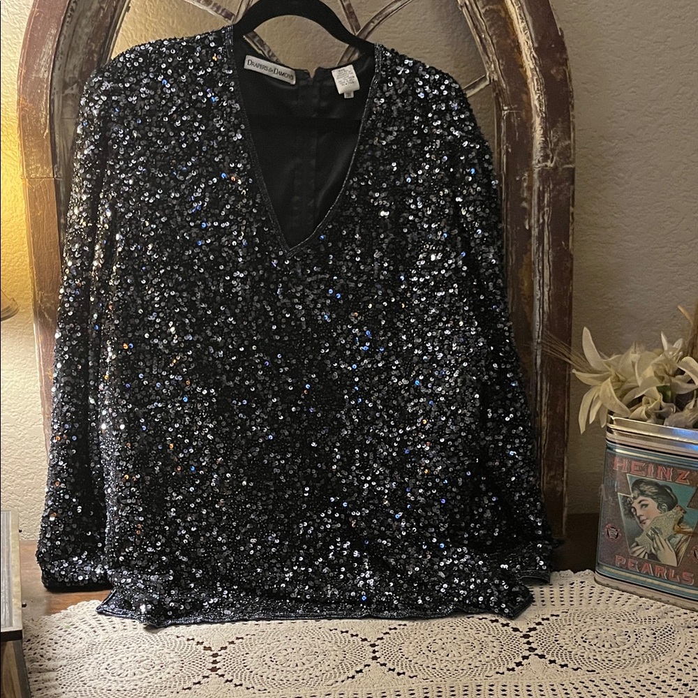 Black Sequin V-Neck Top , Vintage Size 3 X